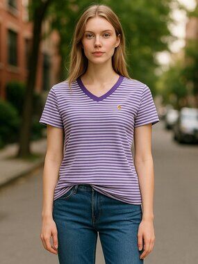 RALPH LAUREN Purple Striped Short Sleeved Top Ladies SMALL